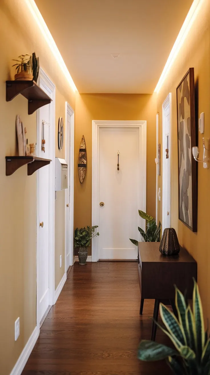 The hallway whispers of a bygone era, its mid-century modern charm evident in every detail. From the dark brown wood flooring to the warm-hued lighting, a sense of calm permeates the space. A few carefully chosen plants and decorative objects on the shelves and console table add personality, while the white doors, some bearing mailboxes, hint at the lives unfolding within. A perfect blend of functionality and aesthetic appeal.