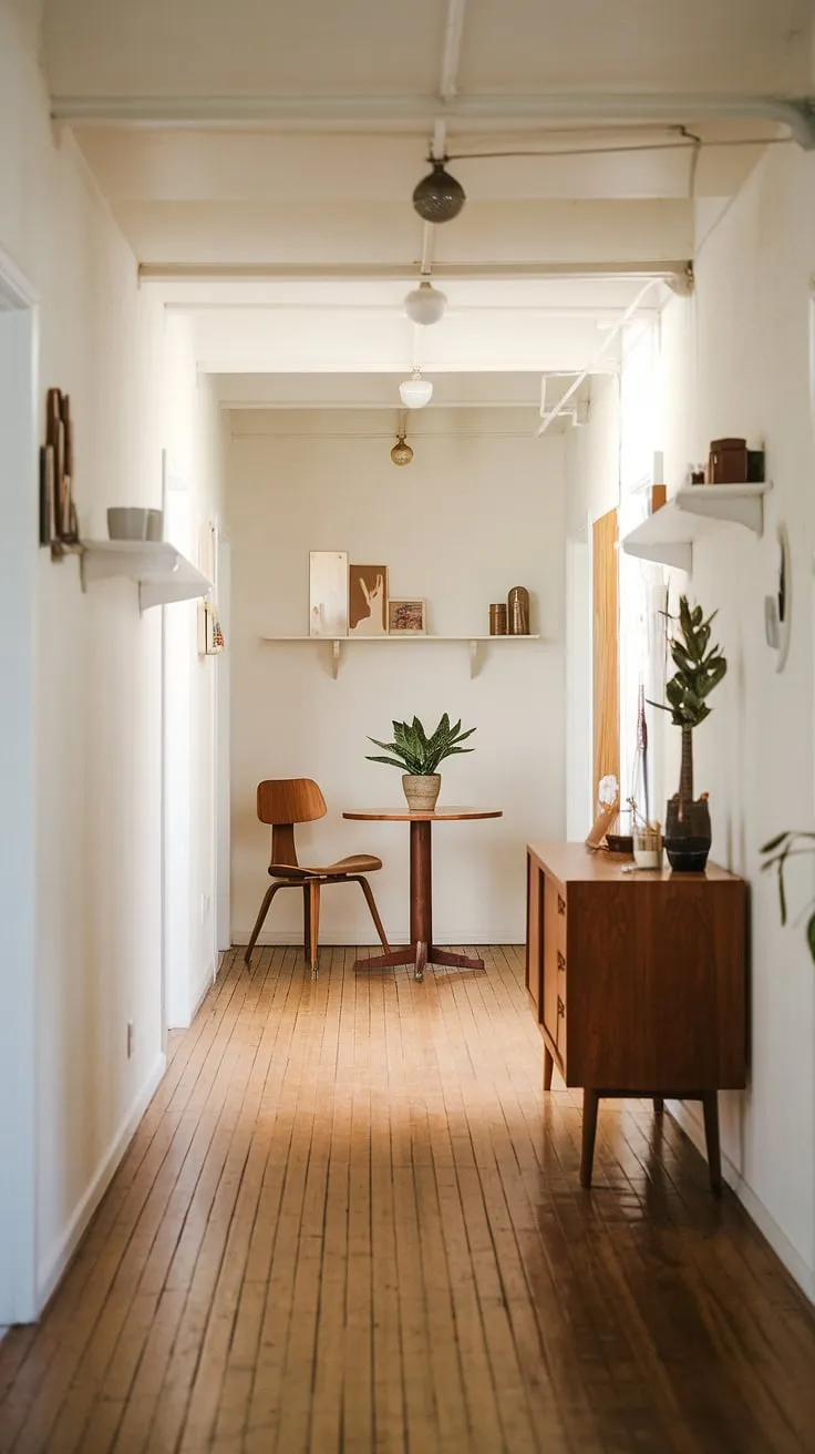 This hallway is a study in understated elegance. The carefully chosen furniture, including the wooden cabinet and round table, speaks to a refined aesthetic. A few well-placed decorative items and the soft glow of the hanging lights complete the tranquil atmosphere.