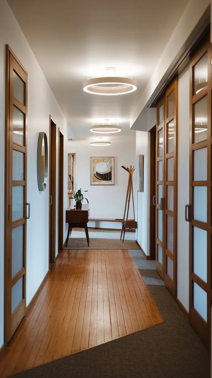 Sunlight streams through the frosted glass doors of this mid-century modern hallway, illuminating the warm wood floors and crisp white walls. A carefully curated collection of furniture and art, including a console table with a thriving plant, creates a welcoming and stylish atmosphere. The transition to carpet adds a touch of unexpected comfort.