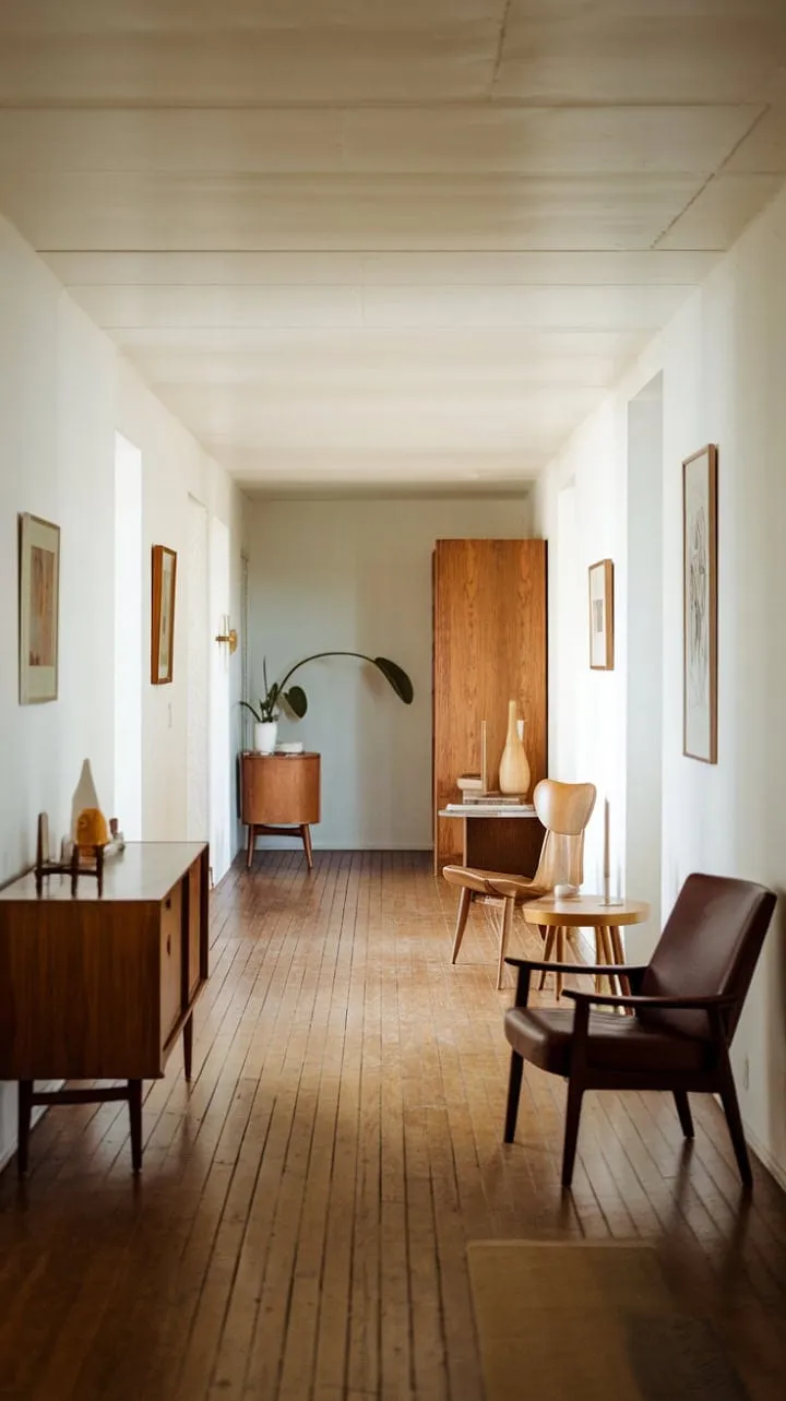 This hallway, adorned with curated mid-century pieces and bathed in soft light, exudes a tranquil elegance that invites you to pause and appreciate its understated luxury.