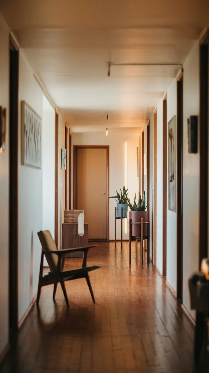 This mid-century modern hallway elegantly combines light, shadow, and rich wood tones to create a serene oasis of comfort and timeless design.