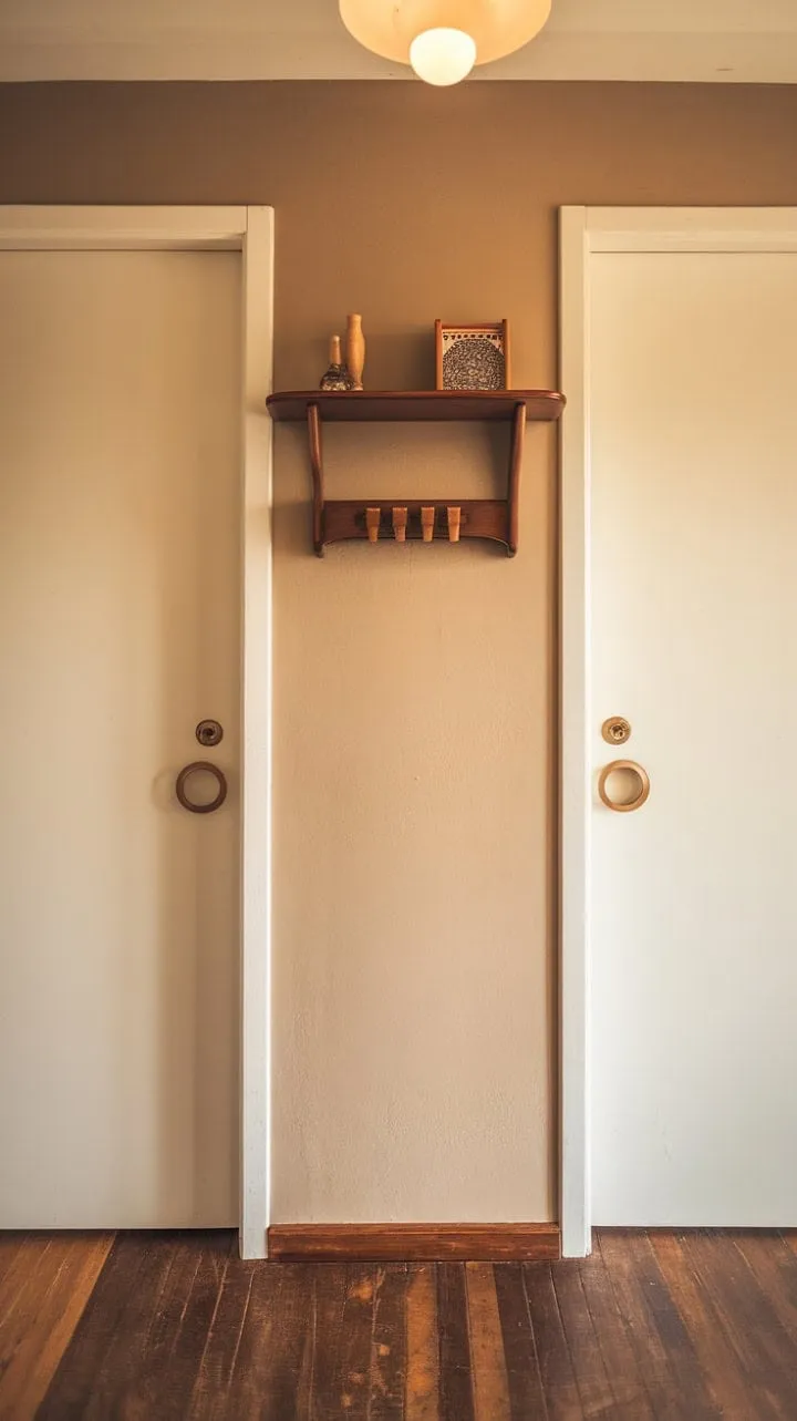 A serene mid-century modern hallway, illuminated by soft light, showcases timeless sophistication through its minimalist design and harmonious beige and wood palette.