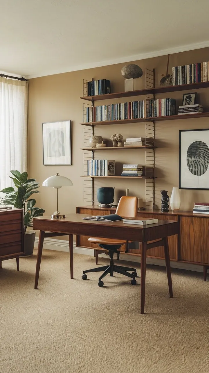 Bathed in sunlight, this mid-century modern writing studio is a cozy sanctuary where creativity flourishes amid warm wood tones and a curated library.