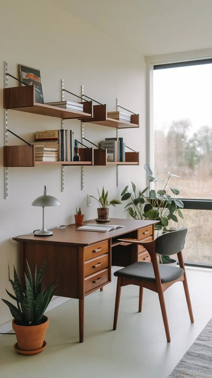 Bathed in sunlight, this mid-century modern office harmoniously blends warm wood tones and lush greenery, creating a serene sanctuary for productivity and inspiration.
