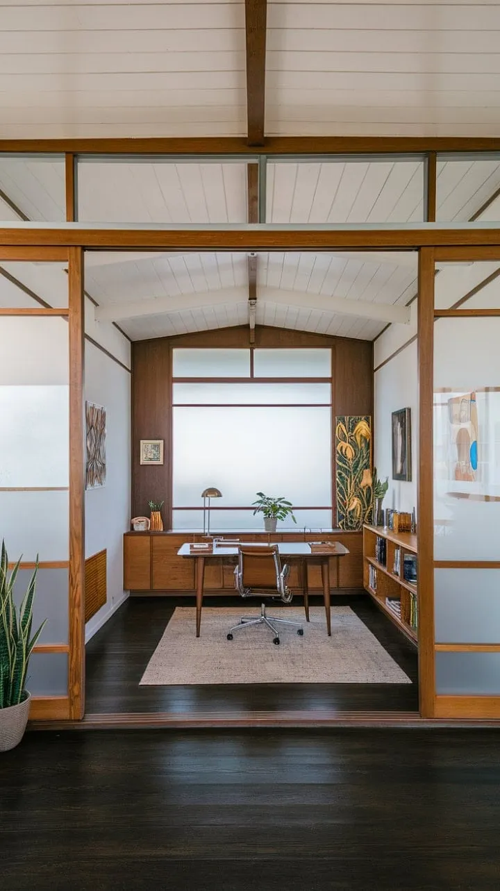 This mid-century modern office, bathed in natural light and adorned with calming colors and curated furnishings, is a writer's paradise where creativity soars.