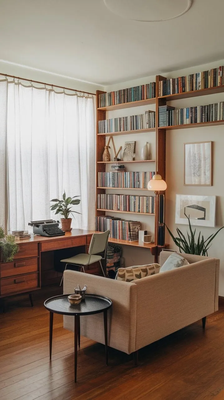 This serene home office, with its inviting beige sofa and treasure trove of books, is a sanctuary where inspiration flourishes and creativity soars.