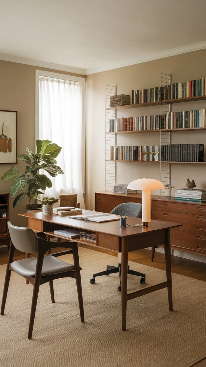 Bathed in sunlight, this mid-century modern writing studio blends minimalist design with warm wood tones, creating a serene sanctuary that sparks creativity and focus.