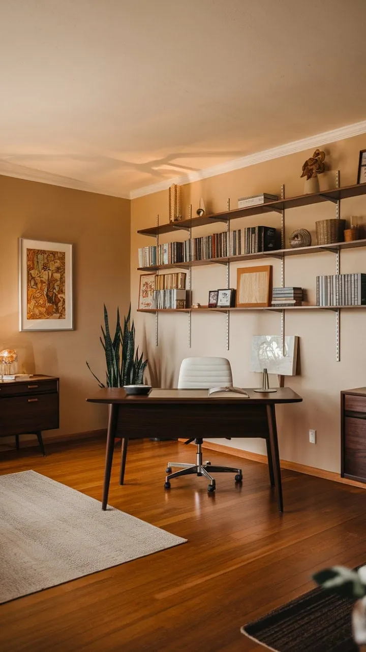 This mid-century modern office, bathed in warm light and filled with organized knowledge, creates a serene haven that nurtures creativity and inspires ideas to flourish.