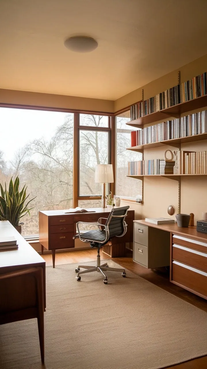 Nestled in nature's embrace, this mid-century modern home office is a luminous sanctuary where stories come to life.
