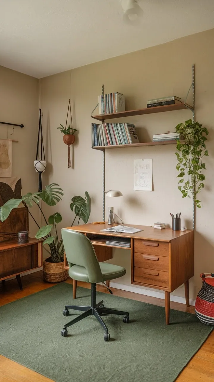 Create your next masterpiece in a serene mid-century modern office, where warm wood tones and vibrant greens inspire calm creativity.