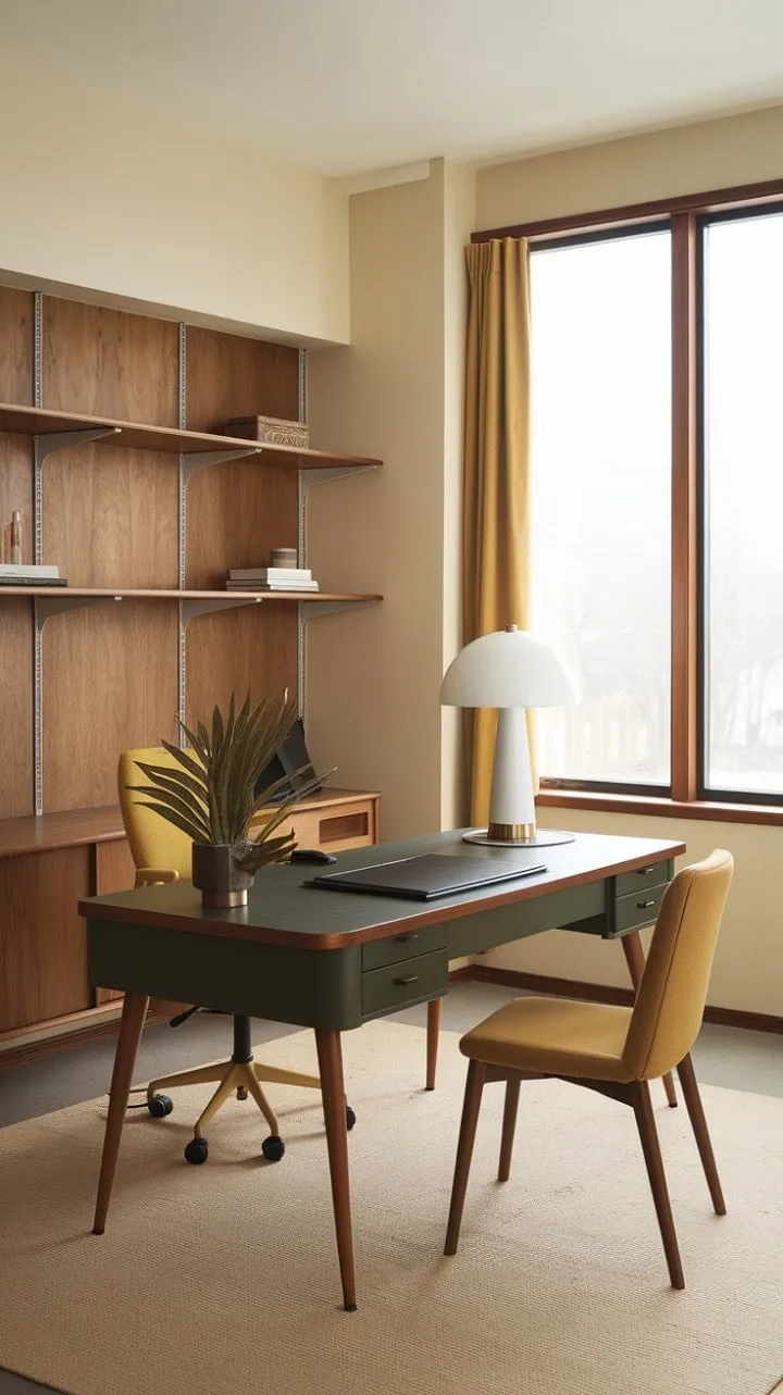 This home office beautifully marries sophistication and cheer with its dark green desk, wooden accents, and sunny yellow curtains, exemplifying timeless elegance in a functional workspace.