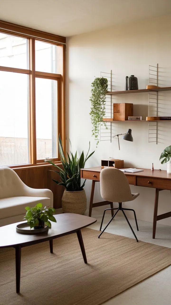 This mid-century modern home office harmoniously combines sleek design and natural elements, creating an inspiring environment for creativity and productivity.