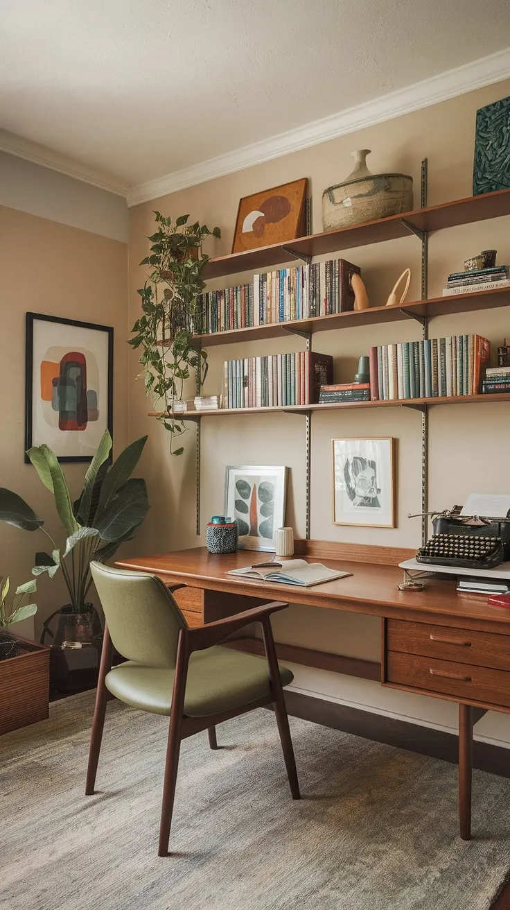 The gentle tap-tap-tap of the vintage typewriter echoes through this serene mid-century modern office. A haven for writers, this space seamlessly blends functionality with aesthetic appeal. The carefully chosen books, artwork, and potted plant add personality and inspire creativity, while the comfortable green chair and warm lighting create a welcoming and productive environment. A testament to the enduring power of classic design.