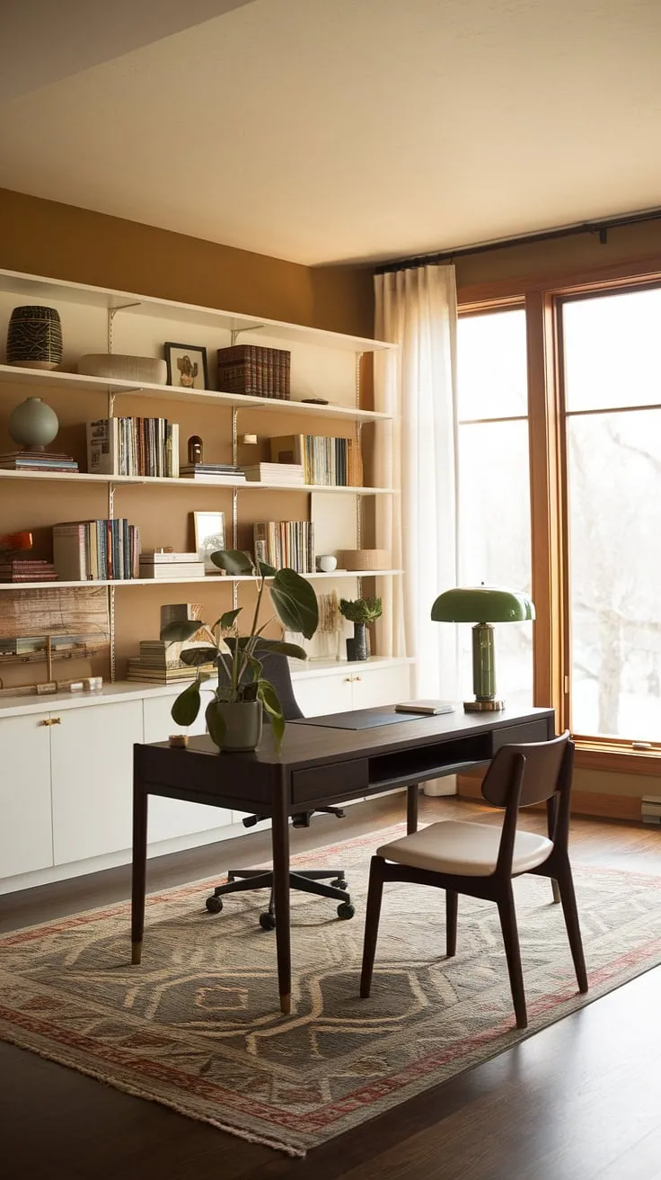 Bathed in the warm glow of afternoon sun, this mid-century modern home office offers a sanctuary of calm and productivity. The rich wood tones, paired with the vibrant green of the desk lamp and the lush plant, create a space where inspiration thrives. A carefully curated collection of books and decorative objects lines the white shelves, adding personality and a touch of sophisticated charm. The patterned rug underfoot adds a layer of warmth and texture, completing this perfectly balanced and inviting workspace.