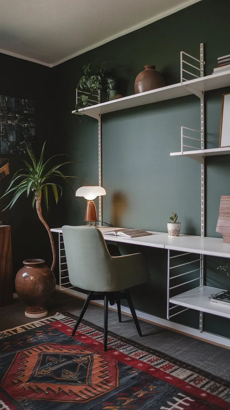 This tranquil home office, painted in a sophisticated dark green, is a haven of mid-century modern design. The white desk and shelving unit provide a clean contrast, while the patterned rug and potted plant add warmth and personality. Every element, from the vintage lamp to the carefully chosen decorative objects, contributes to a space that inspires creativity and thoughtful work.