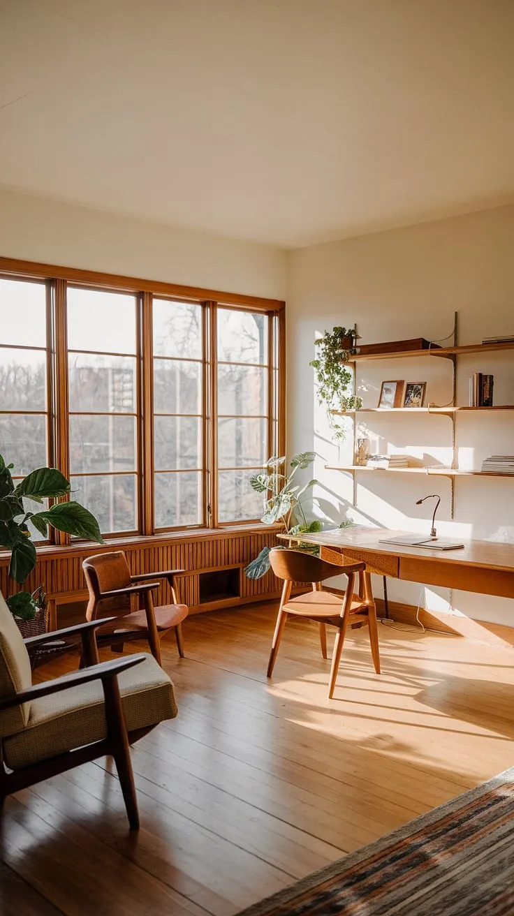 This mid-century modern home office, bathed in natural light, is a writer's dream. The clean lines and functional furniture create a calm and productive atmosphere. A space where ideas take shape, words flow freely, and inspiration thrives. The perfect blend of form and function.
