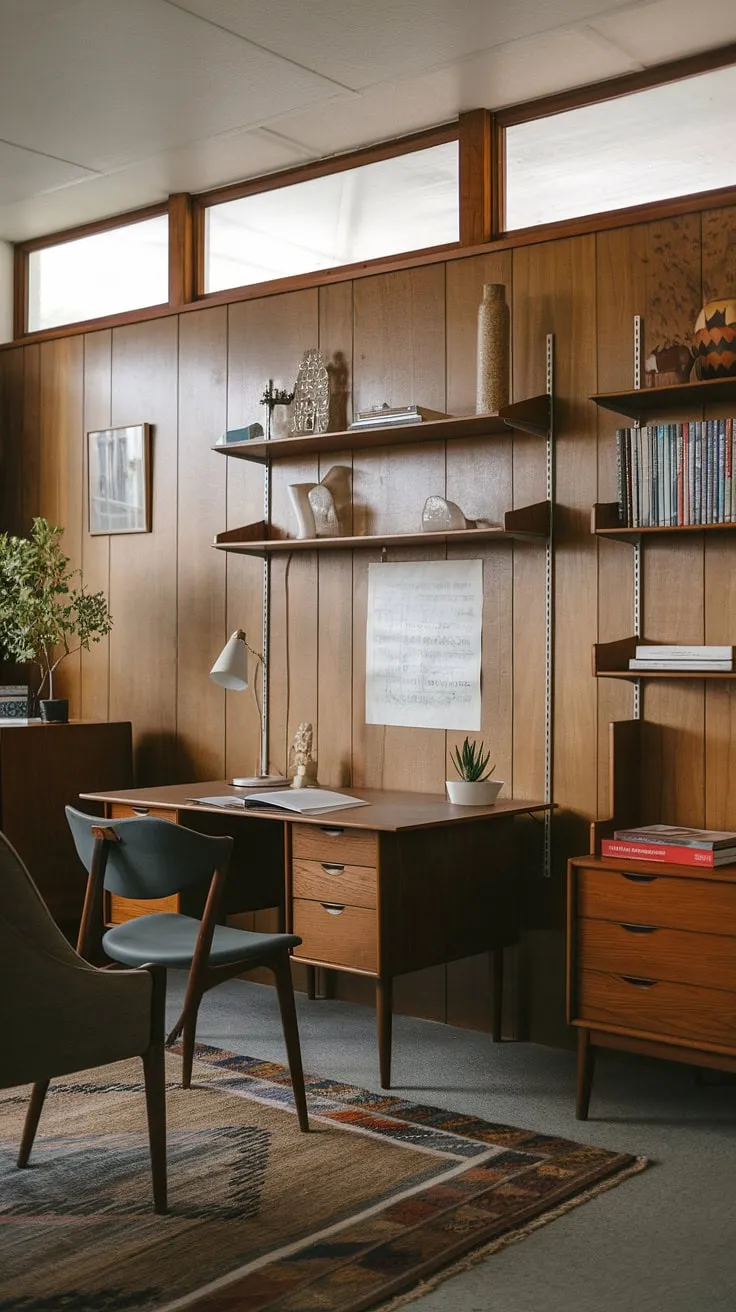 Lost in the creative process amidst the warm glow of mid-century modern design. The quiet hum of inspiration fills this writing studio, a sanctuary where ideas take flight and words flow effortlessly. A perfect blend of form and function, it's a space designed for focused work and quiet contemplation. A haven for the mind.