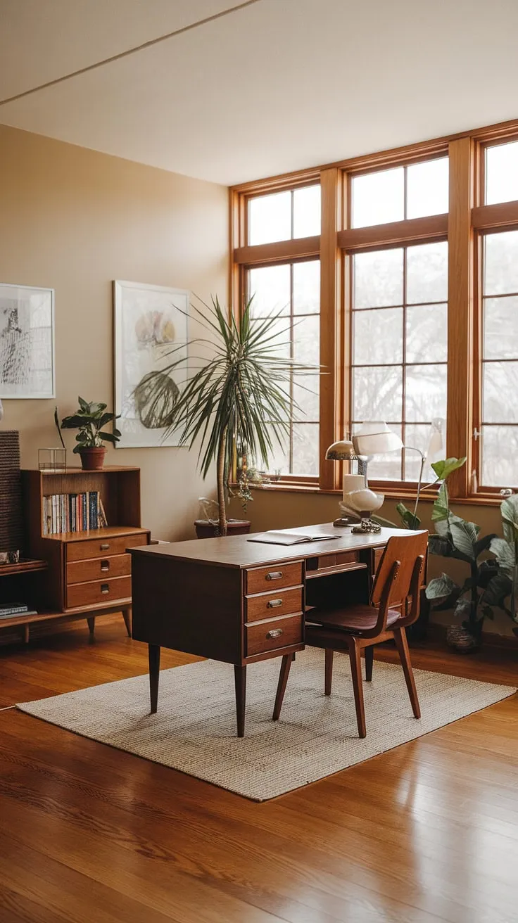 Sunlight streams through the large windows of this mid-century modern writing studio, illuminating the warm wood tones and creating the perfect atmosphere for creative work. The vintage desk, comfortable chair, and well-stocked bookshelf offer a haven for focused writing, while the addition of a leafy plant and carefully chosen artwork complete the tranquil ambiance. A perfect space for inspiration to flow.