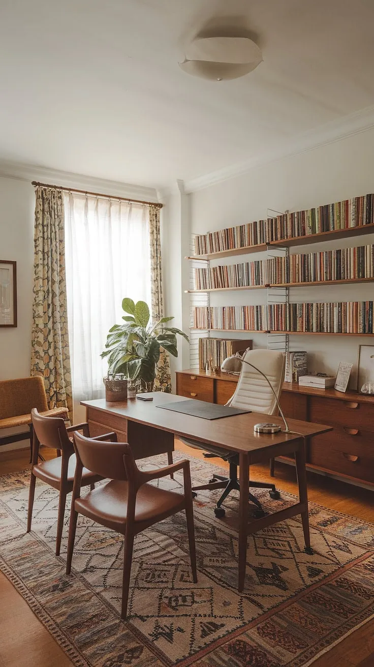 The clean lines and natural light of this mid-century modern office create the perfect atmosphere for creative work. A well-placed lamp, a comfortable chair, and a bookshelf brimming with inspiration-all the elements needed for a productive and aesthetically pleasing workspace. It's a sanctuary for thought, a haven for a concentration.