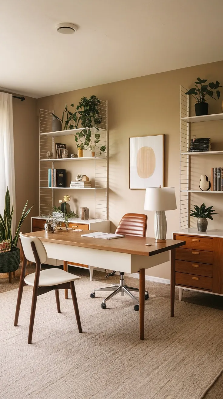 Sunlight streams into this mid-century modern writing studio, illuminating the clean lines of the white desk and the warmth of the wooden accents. The space feels both productive and peaceful, a perfect sanctuary for creative work. A quiet corner for focused writing, A haven for inspiration, A place to bring your ideas to life.