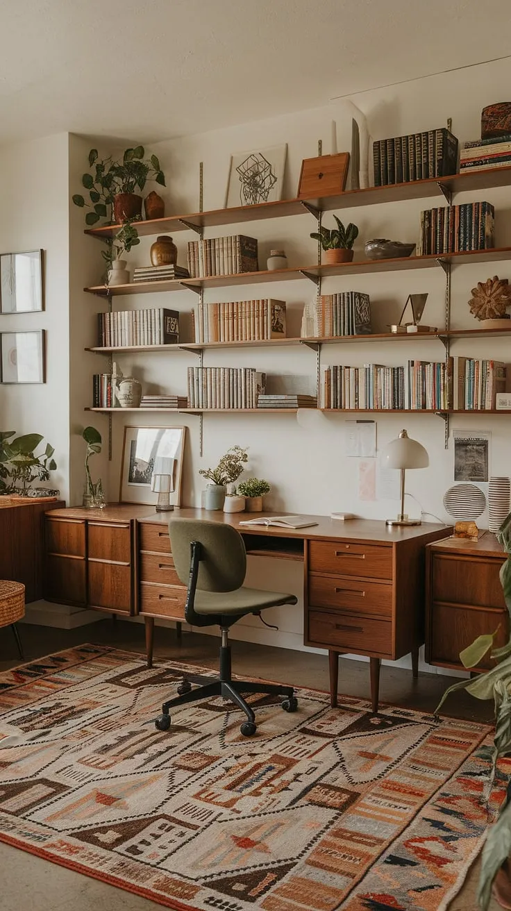 Escape the everyday in this mid-century modern writing studio. The warm wood tones, curated bookshelves, and comfortable green chair create the perfect atmosphere for creative flow. A haven for inspiration, this space effortlessly blends vintage charm with modern functionality. A sanctuary for the soul, a workspace for the mind.