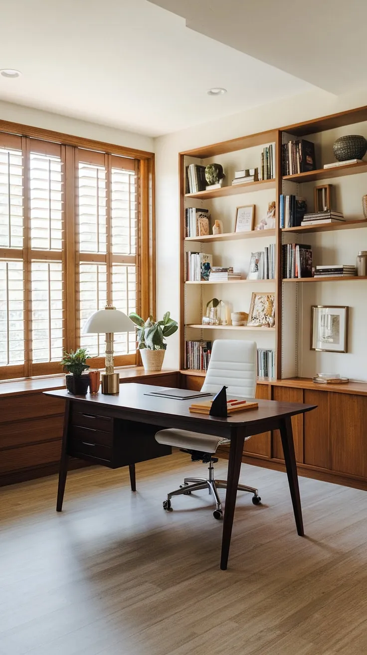 Sunlight streams through the wooden shutters, illuminating the mid-century modern simplicity of this home office. The dark wood desk, paired with a crisp white chair, creates a workspace that's both functional and aesthetically pleasing. A curated collection of books and personal items adds warmth and character to the space. This is where ideas take shape.