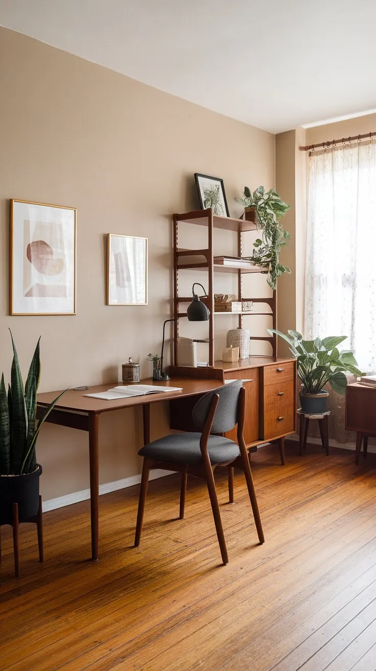 This serene mid-century modern home office, bathed in soft light, offers a tranquil setting for writing and reflection. The minimalist design, featuring natural materials and carefully curated artwork, creates A peaceful atmosphere conducive to productivity and creativity. A true writer's retreat.