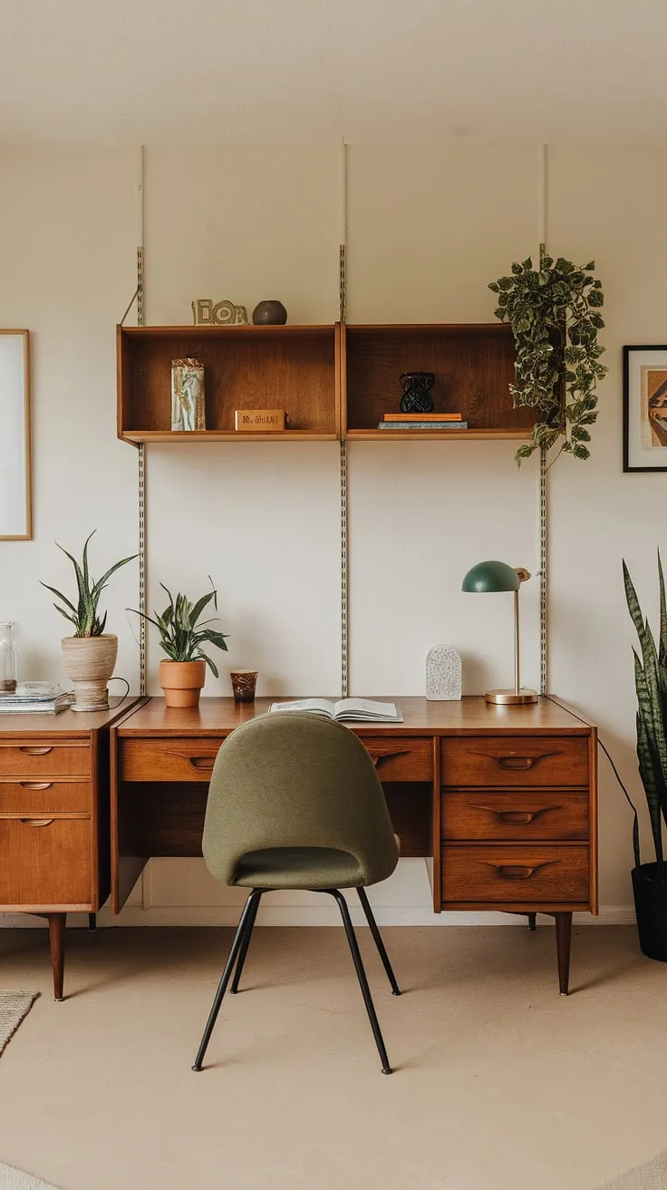 Lost in the quiet productivity of my mid-century modern sanctuary. The warm wood tones and soft green of my chair create the perfect atmosphere for focused work, a space where ideas flow as freely as the sunlight streaming through the window. A perfect blend of form and function, this home office is truly my happy place.