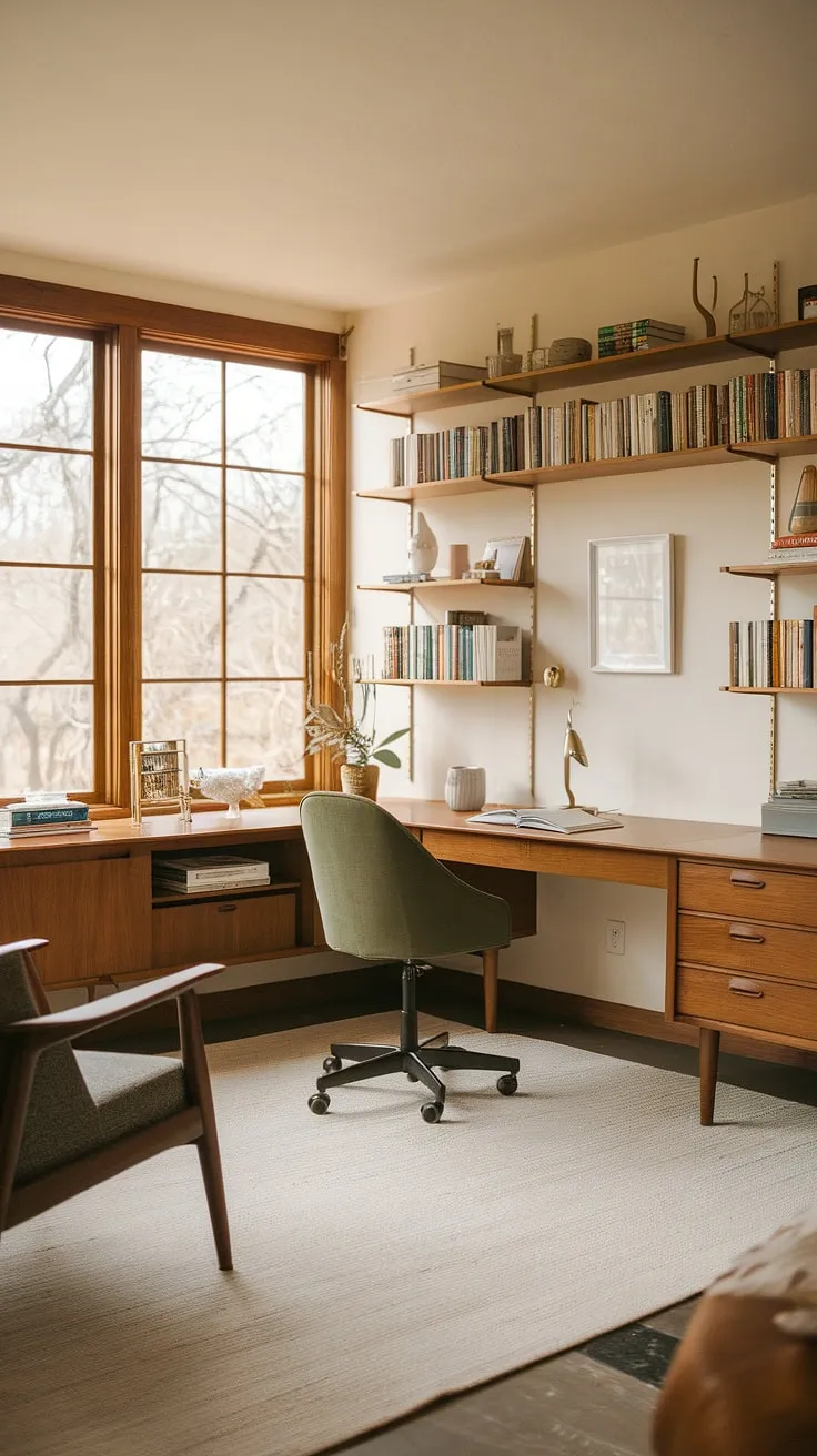 Sunlight streams through the large window, illuminating the warm wood tones and inviting atmosphere of this mid-century modern writing studio. The green chair beckons, promising hours of creative work amidst the inspiring collection of books and a personal treasures.