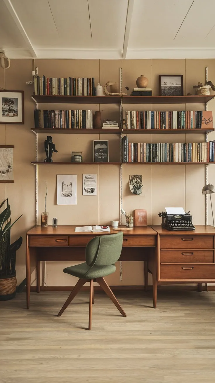 Sunlight streams through the window, illuminating the warm wood and inviting green of this mid-century modern writing studio. A vintage typewriter sits poised, ready to capture the next great novel. Surrounded by books and inspiring artifacts, this is more than just an office; it's a creative sanctuary, a place where imagination takes flight. A testament to timeless design and the enduring power of the written word.