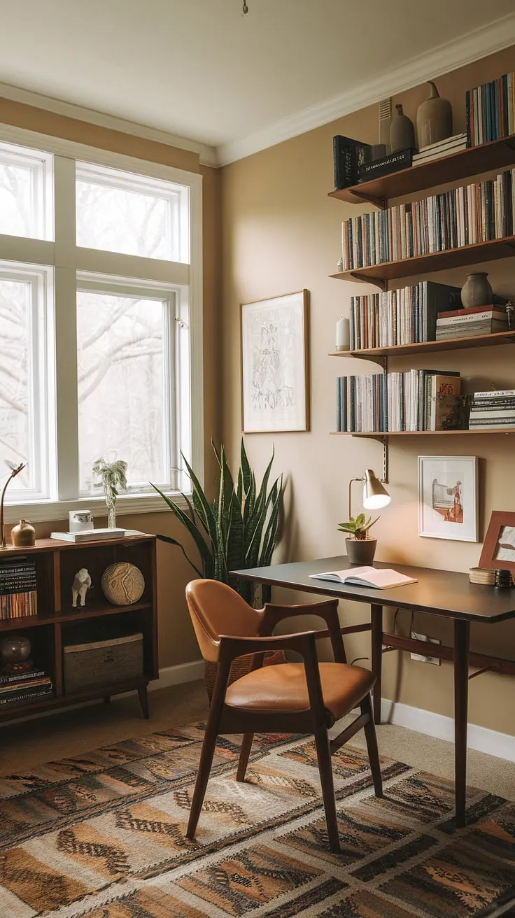 Sunlight streams through the windows of this mid-century modern writing studio, illuminating a cozy corner where inspiration thrives. The vintage armchair beckons for a moment of quiet reflection, while the well-stocked bookshelf promises countless adventures. A perfect space for crafting words and making memories.
