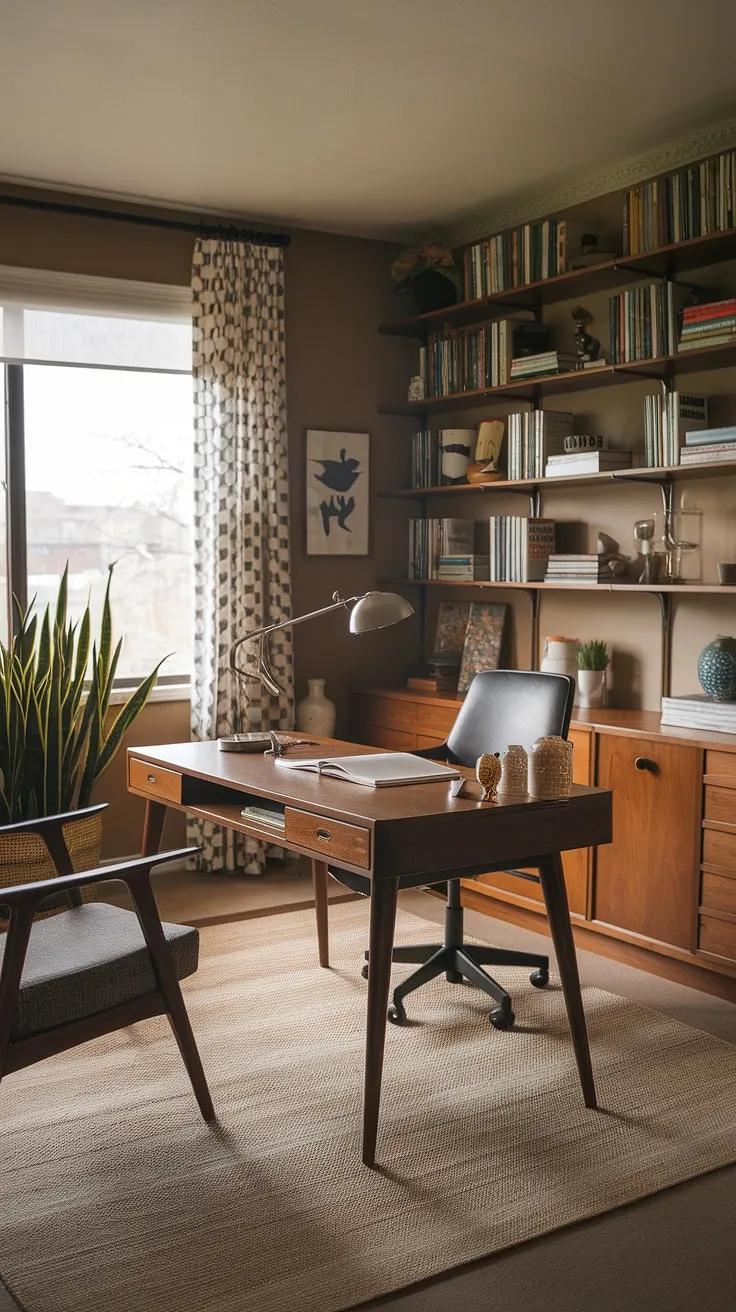 This mid-century modern home office is a sanctuary of calm and productivity. The warm wood tones, soft lighting from the desk lamp, and the comforting presence of books and plants create a space where ideas blossom. A perfect blend of style and functionality, it's the ideal setting for crafting your next masterpiece.