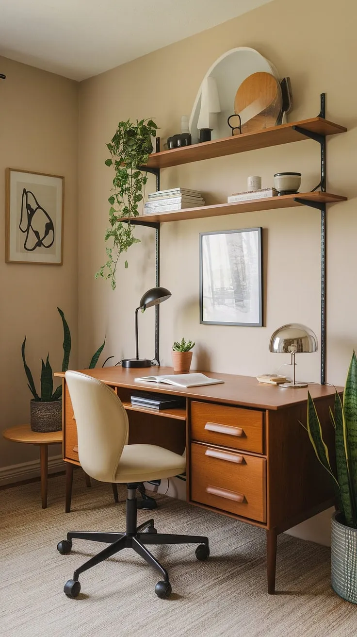 This mid-century modern workspace is a study in understated elegance. The beige palette, complemented by the natural wood tones and a single, strategically placed lamp, fosters a sense of tranquility. It's a space designed for focused work, yet imbued with a sense of warmth and inviting comfort; a true reflection of its owner's refined taste.
