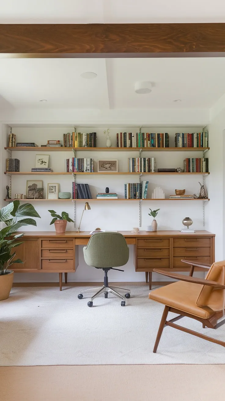 Sunlight streams into this mid-century modern haven, illuminating the built-in bookshelves brimming with inspiration and the perfectly positioned green chair, ready for the next great idea. A quiet sanctuary for focused work, this home office is a testament to thoughtful design and a love of classic style. A perfect blend of form and function.