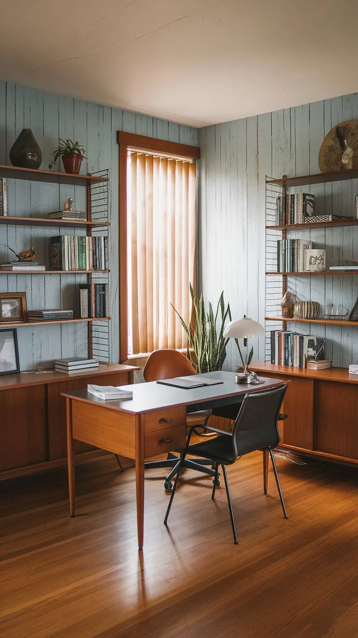 Lost in the pages of inspiration, surrounded by mid-century modern charm. The warm wood grain walls and carefully curated bookshelves create the perfect atmosphere for focused work, a sanctuary where ideas blossom. A quiet corner of creativity, perfectly illuminated by the desk lamp.