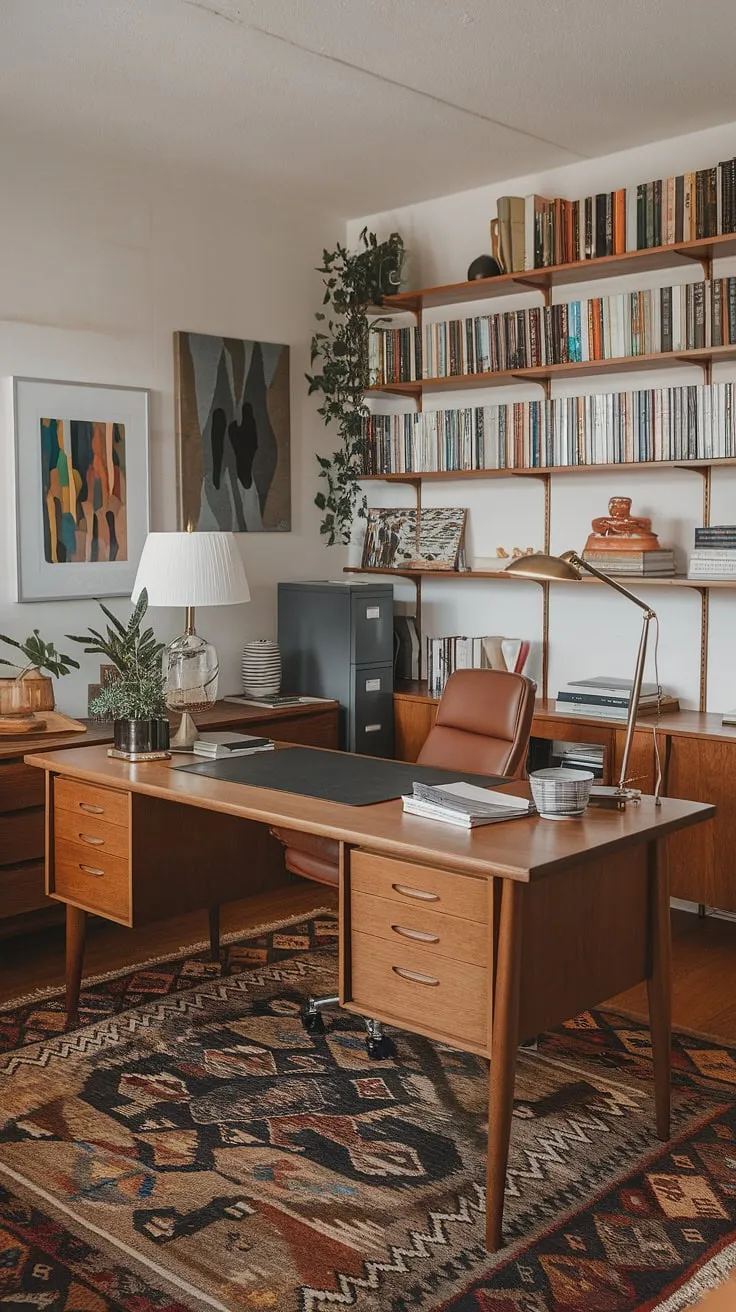 Mid-century modern design at its finest. The warm wood tones of the desk and the carefully curated collection of books and art create a workspace that's both productive and inspiring. A perfect blend of form and function.