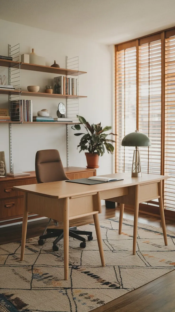 This mid-century modern home office is a study in understated sophistication. The warm tones of the wood desk and chair are complemented by the patterned rug and the vibrant green lampshade. A well-organized bookshelf and a thriving potted plant complete the scene, creating a productive and aesthetically pleasing workspace.