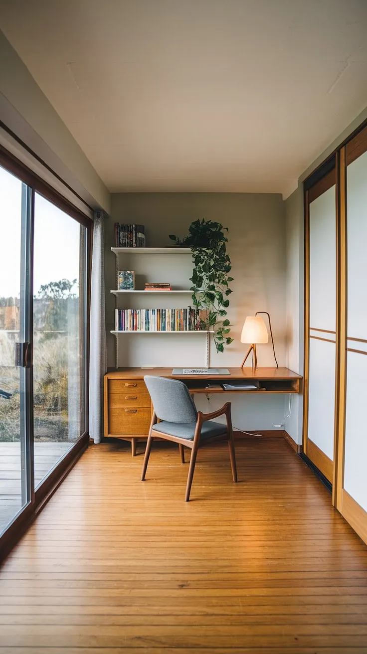 Sunlight streams through the large window, illuminating the calm workspace of this mid-century modern home office. The clean lines of the desk and chair, paired with the natural wood floors and a vibrant green plant, create a haven for focused creativity. A sliding door offers easy access to the rest of the home, while the built-in bookshelf provides ample storage for inspiration. This is where ideas take shape.