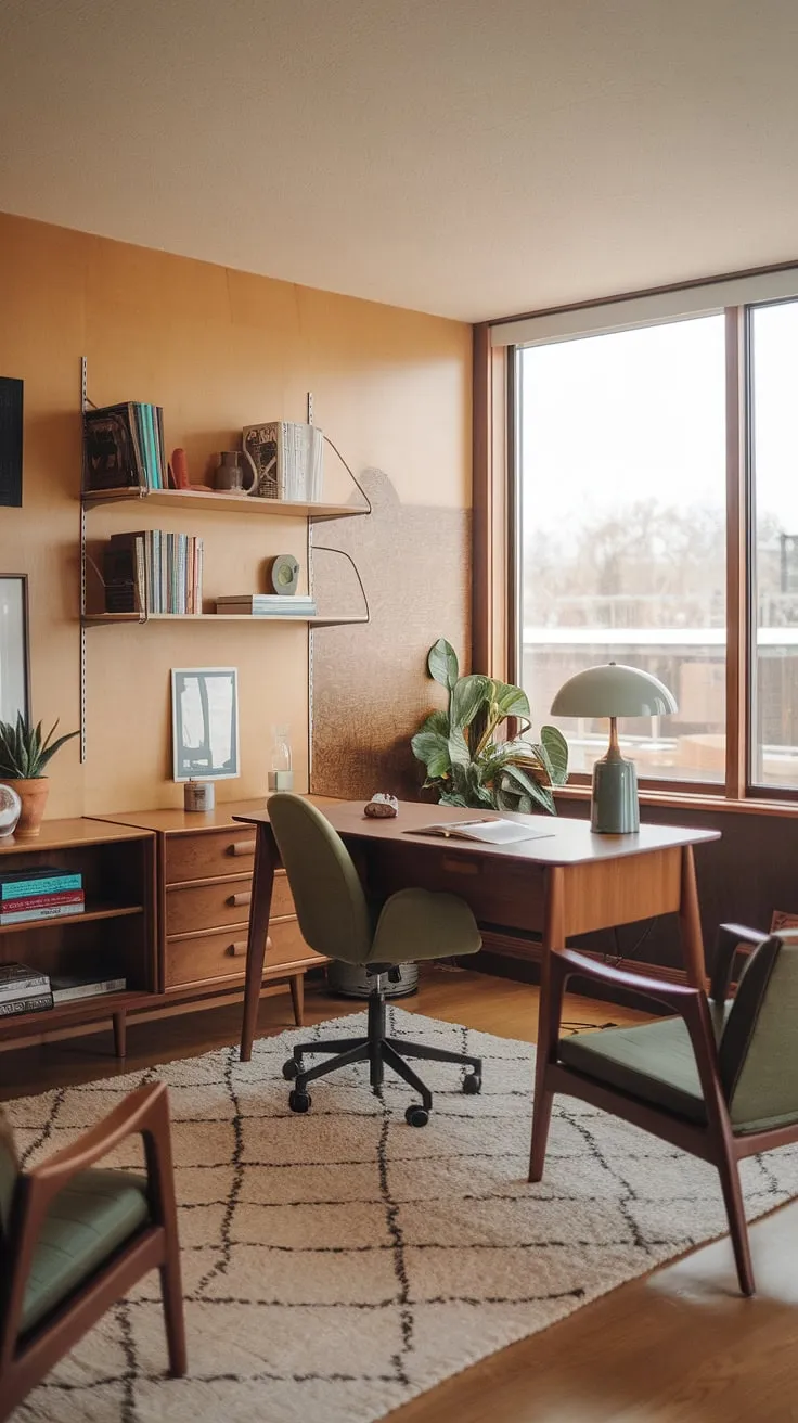 The perfect blend of form and function: this mid-century modern home office offers a tranquil workspace. Natural light floods the room, highlighting the rich wood textures and the carefully curated collection of books and decorative objects. A comfortable green chair and a well-organized desk create an inviting atmosphere, ideal for both productivity and relaxation.