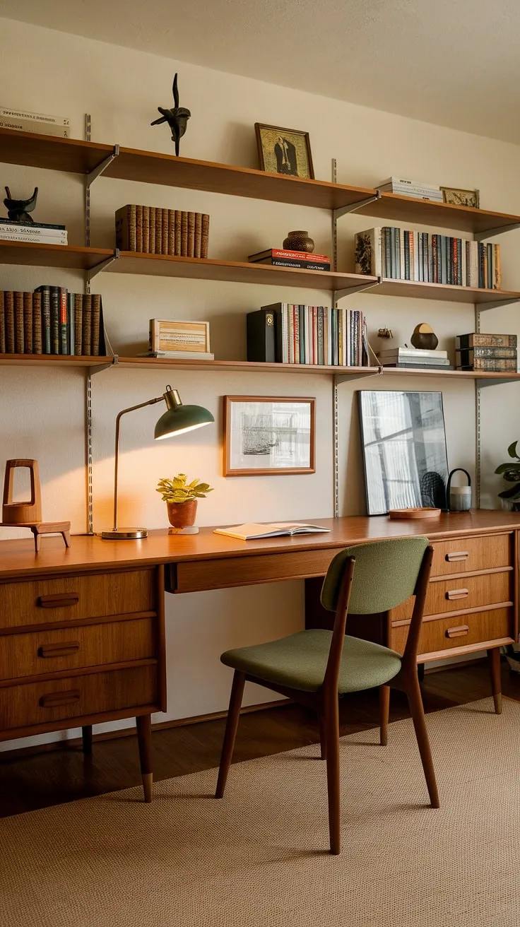 A perfectly curated mid-century modern workspace. The vintage writing studio, bathed in warm light, invites quiet reflection and productive work. A simple green chair and potted plant add a touch of nature to this thoughtfully designed space, creating a calming and inspiring atmosphere. A place where creativity thrives.