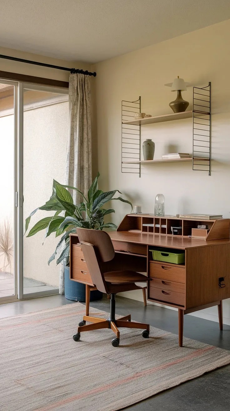 This home office seamlessly blends functionality with mid-century modern aesthetics. The carefully curated details, from the wooden desk and chair to the thoughtfully placed plant and lamp, create a space that is both stylish and inviting. A true testament to the enduring appeal of classic design, this room is a haven for productivity and peace. The natural light streaming in through the sliding glass door completes the tranquil atmosphere.
