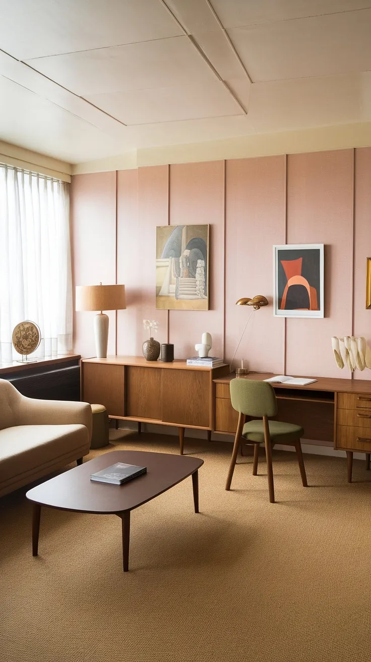 A mid-century modern dream: This home office, bathed in soft pink light, seamlessly blends work and relaxation. The writing studio, anchored by a sleek wooden desk and comfortable green chair, invites creativity, while the beige sofa and coffee table offer a cozy respite. A perfect blend of form and function, this space is a testament to timeless design.