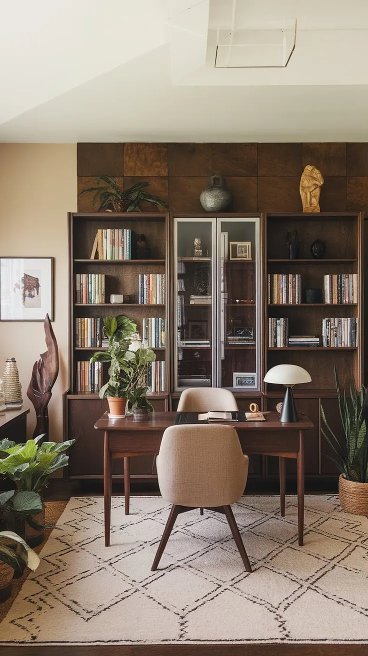 Mid-century modern meets minimalist serenity in this home office. The rich wood tones of the bookcase and desk, contrasted by the beige walls, create a calming workspace perfect for focused creativity. A curated collection of books and decorative objects adds personality, while the geometric rug grounds the space, making it both stylish and functional. This is where inspiration thrives.