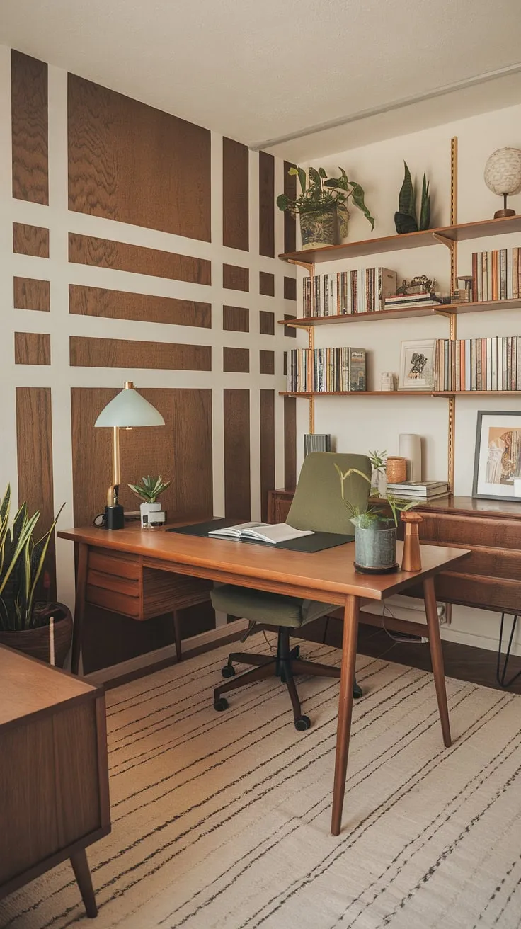 Step into this mid-century modern sanctuary, where the warm glow of natural light dances across the unique wooden paneling and a vibrant green chair beckons you to a creative pursuits. The carefully curated details, from the potted plants to the well-stocked bookshelf, whisper tales of inspiration and quiet contemplation.