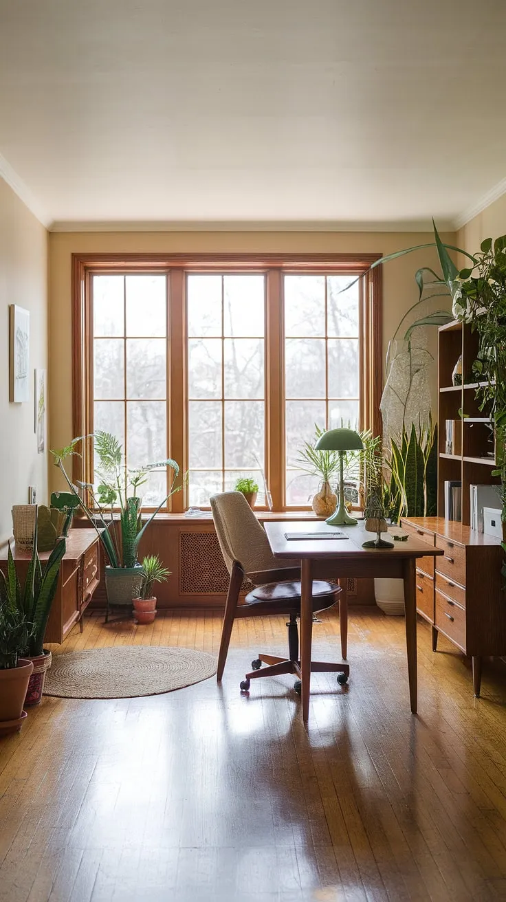 Sunlight streams through the large window of this mid-century modern writing studio, illuminating the warm wood floors and creating the perfect atmosphere for creative work. The carefully curated collection of plants adds a touch of life and serenity to this inspiring space. A comfortable chair and well-organized desk complete this haven for focused writing.