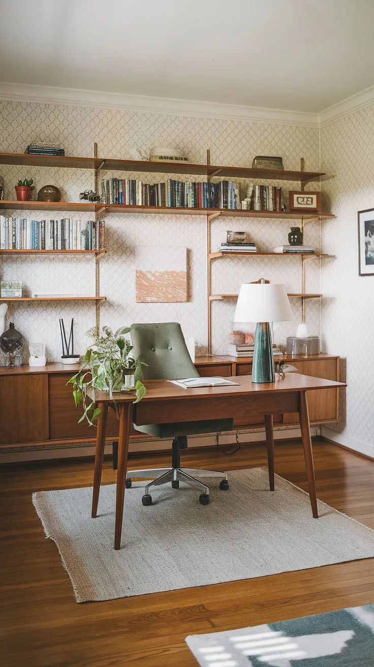 Mid-century modern design at its finest. The patterned wallpaper, warm hardwood floors, and thoughtfully curated details create a workspace that's both stylish and inspiring. A perfect blend of form and function, this home office is a haven for creativity. A green chair provides a comfortable spot to work, while the built-in bookshelf offers ample storage for all your essentials. A well-placed lamp and a touch of greenery complete the scene.