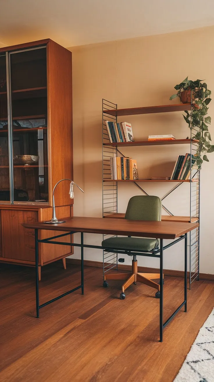 Warm light spills across the mid-century modern lines of this home office, a sanctuary of calm and focused energy. The vintage green chair, sleek metal desk, and thoughtfully curated bookshelf-filled with well-loved books and a thriving plant-create a space where inspiration flows freely. A perfect blend of form and function, this room embodies the timeless appeal of a mid-century design.