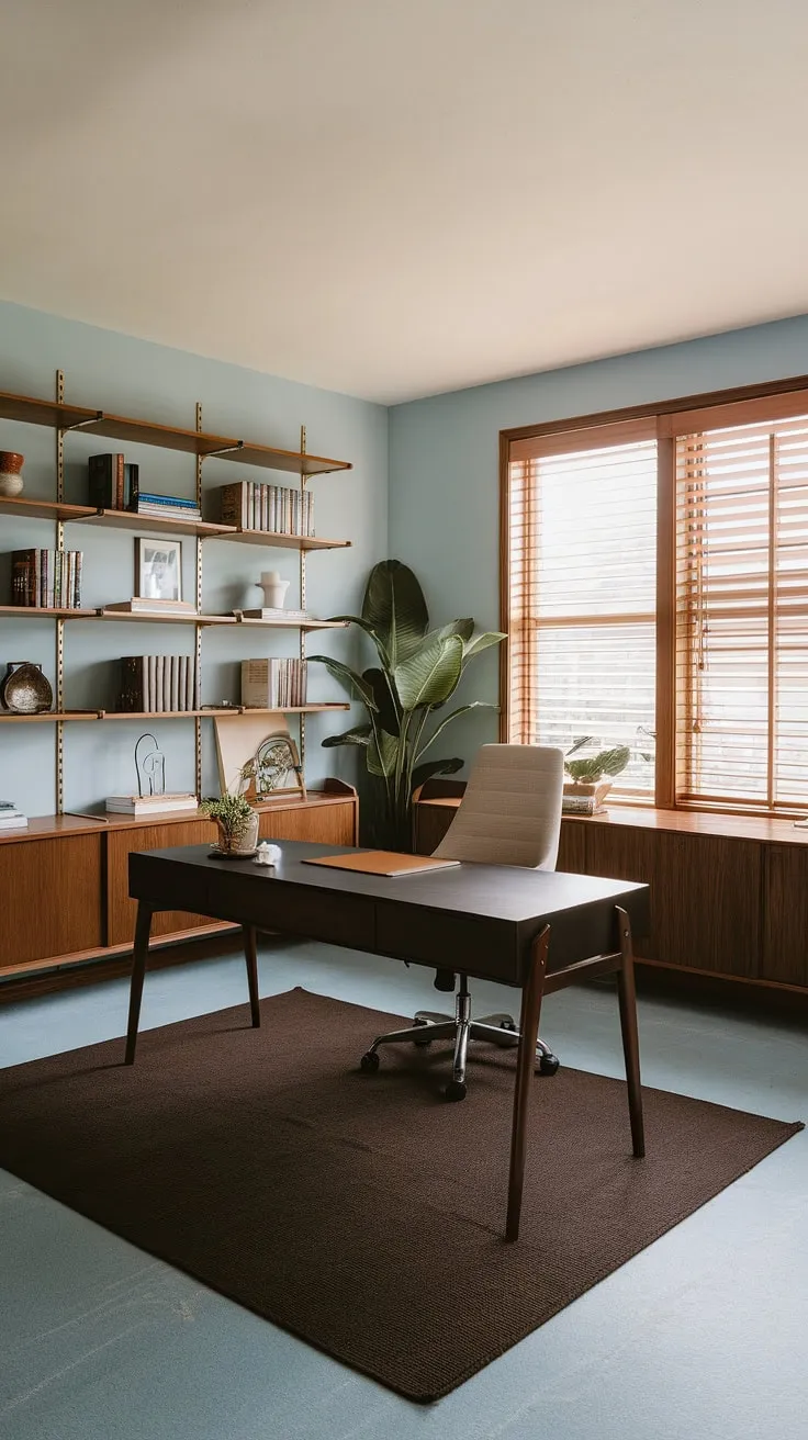 Sunlight streams through the wooden blinds, illuminating the calm sanctuary of this mid-century modern writing studio. The rich brown desk, paired with a comfortable chair and a thriving green plant, creates the perfect atmosphere for creative flow. A well-stocked bookshelf stands ready to inspire, offering a quiet escape for focused work and thoughtful reflection. This space embodies the ideal blend of form and function, a testament to the enduring appeal of classic design.