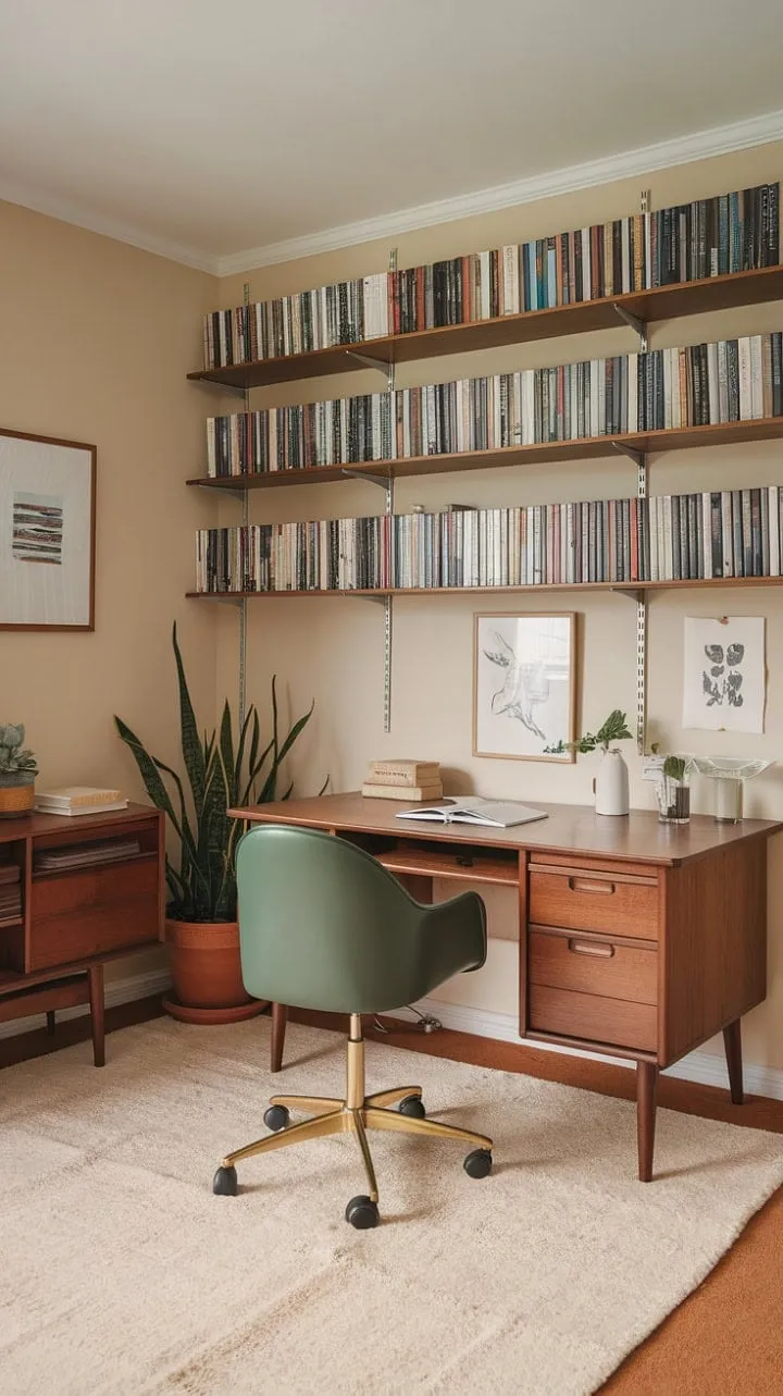 This mid-century modern home office, with its inviting green chair and serene design, serves as a tranquil sanctuary for creativity and inspiration.