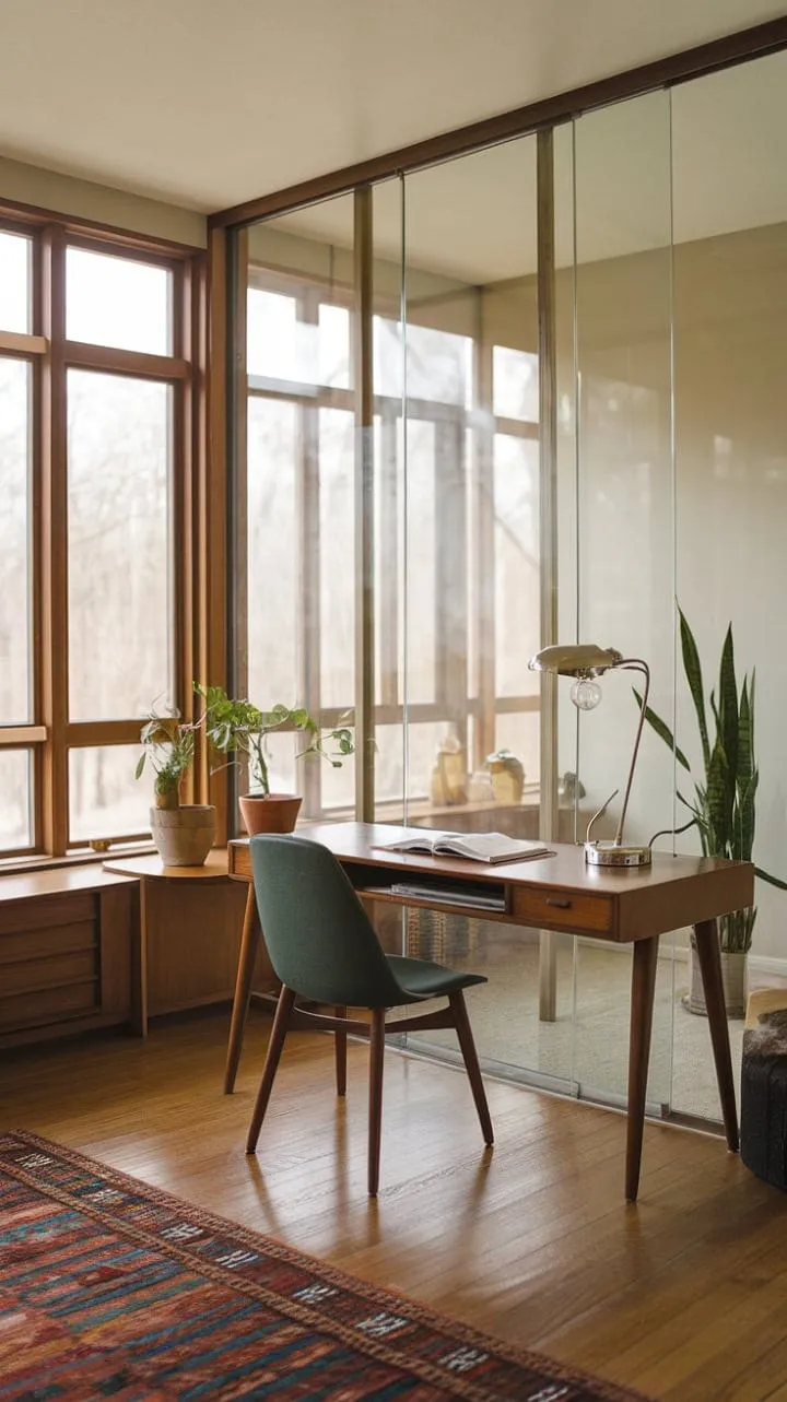 This sunlit home office harmoniously fuses mid-century charm with modern practicality, creating a serene sanctuary for writers to cultivate their creativity.